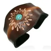 Brown Tan Leather Blue Turquoise-Tone Engraved Cuff Bangle Adjustable Bracelet