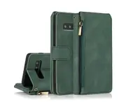 For Samsung Galaxy S10 Case, Leather Zipper Purse Flip Cover Case with Card Slot Holder Wrist Strap Lanyard (Dark Green)