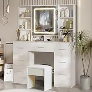 Buildonely Hollywood Vanity Table, Large Makeup Vanity with LED Light Mirror, 3 Adjustable Light-Mode, 7 Drawers 8 Shelve Makeup Desk with Chair, 2 Hidding Shelves for Girls and Women, White