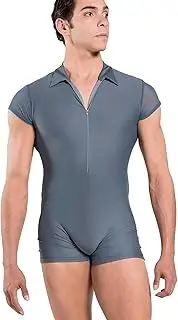 [Wearmoi] Wear Moi Men's Ballet Unitard, Polo Collar, Front Zip, Mesh & Microfiber Material (L), Dark Gray, ROMELDGR