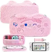 FUNDIARY Pink Travel Carrying Case for Nintendo Switch and Switch OLED, Cute Anime Bunny Accessories Bundle for Switch Console & Joycon with Slim Portable Storage Bag, Shoulder Strap and 2 Thumb Caps