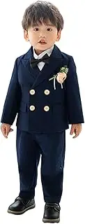 [Kromoc] Boys' Double Breasted Buttons 3-Piece Suit Peak Lapel Jacket Vest Pants Tuxedos for Birthday Party