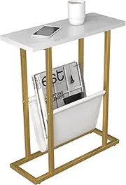 YUSONG Small Narrow Side Table for Small Spaces, Slim End Table Magazine Table Nighstand with Storage Holder, Accent Skinny Snack Couch Bedside Table, Gold White