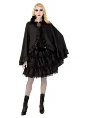 Black Satin Cape Adults Red Gem Clasp Halloween Womens Witch Vampire Accessory