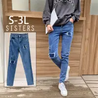 在飛比找momo購物網優惠-【SISTERS】現貨 破損風格丹寧補丁窄管牛仔褲/S-3L