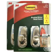 2 New 3M COMMAND 4 HOOKS Brushed Metal 3 LB Damage-Free Hanging Hooks PRIORITY