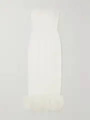 [16ARLINGTON] 16ARLINGTON - Minelli Strapless Feather-trimmed Crepe Midi Dress - White - UK 14 UK 14 White