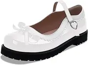 [yowmns] Women's Bow Patent Leather Platform Mary Janes Ankle Strap Closed Toe Kawaii Ruffles Goth Uniform Flats