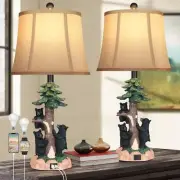 Rustic Farmhouse Climbing Bear Table Lamps Set of 2 for Living Room with USB A+C