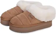 [UGG AUZLAND SHEEPSKIN] Fluffy Soft Wool Chestnut Platform Slipper Women,Sheepskin Slippers Warm Non-Slip Comfort Platform Slippers