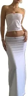 [Passec] Vintage Lace Maxi Skirt Set Women 2 Piece Outfit Strapless Split Tube Top and Maxi Skirt Set Summer Going Out Streetwear