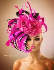 Kentucky Derby Hat Oaks Fascinator Hat Hot Pink Fuchsia and Black Feather Roses