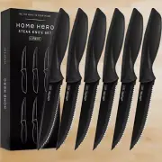 Serrated Kitchen Steak Knives Set - 6 Pcs - Black