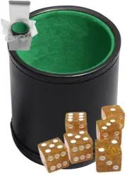 (6) Transparent Yellow Glitter Dice + PU Leather Green Felt Lined Cup Gift Boxed