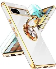 [LeYi] for Google Pixel 7A Case: Pixel 7A Case with 2 Pack Free Screen Protector and 360°Rotatable Ring Holder Magnetic Kickstand, Plating Rose Gold Edge Protective for Pixel 7A, White