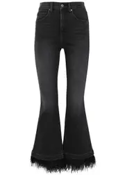 Veronica Beard Carson Feather-trimmed Flared Jeans - Nearly Black - 32 (W32 / UK14-16 / L) 32 (W32 / UK14-16 / L)