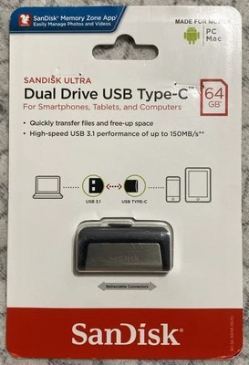 SanDisk 64GB PC/Mac Ultra Dual Flash Drive USB Type-C SDDDC2-064G-A46 BRAND NEW