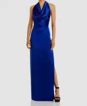 Aidan Mattox Women's Blue Cowl Neck Satin Sleeveless Draped Gown Dress Size 10