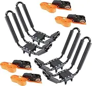 2 Pairs Heavy Duty Kayak Roof Rack J-Bar Carrier Holder - includes 4 Pcs Ratchet for Canoe, SUV, Cars, Truck, Surf Ski, Tie-Mount on Car Roof Top Crossbar for Trip, Set of 4