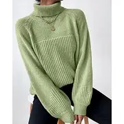Women's Sweater Pullover Casual Soft Solid Color Ribbed Turtleneck Knitted Long Sleeve Regular Tops Knit Holiday Going out Weekend Green Khaki Fall