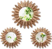 3 Pcs Boho Wall Decor round Sunburst Mirror Boho Circle Mirror with Rustic Wood