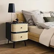 Furb Black Bedside Table with 2 Storage Drawers Rattan Side End Table Small Narrow Nightstand for Living Room Bedroom Furniture, 42x38x57cm