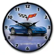 Retro Style C6 Corvette Jetstream Blue Backlit Game Room LED Lighted Wall Clock