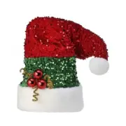 Red Velvet With Green Sequins And White Trim Santa Hat Tree Topper