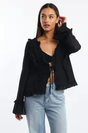 Black Tie Up Top Long Sleeve V Neck Filled - Size 16XL, Women's Shirt