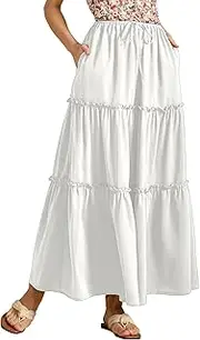[MAYFASEY] Women's Maxi Skirts Long A Line Elastic High Waist Midi Skirt Beach Skirt Casual Skirt Flowing Skirt with Pockets