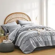 KAKIJUMN Grey Tufted Comforter Set King Size 7 Piece Bed in a Bag, Shabby Chic Boho Comforter and Sheet Set, Pom Pom Textured Bed Set, All Season Soft Microfiber Complete Bedding Set(Grey,King)