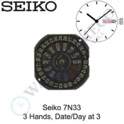 Genuine Seiko 7N33 Watch Movement 3 Hands, Black Date/Day at 3
