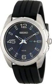Seiko Solar SNE277 Silver Tone Black Day Date Dial Black Rubber Strap Mens Watch