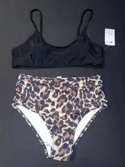 NWT Sexy Pinup Black Leopard High Waisted Bikini Swimsuit 8/10 L/XL