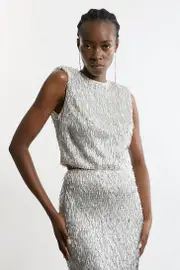 Textured Strong Shoulder Sequin Woven Top