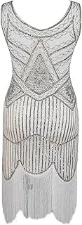 [Akklian] Womens Fashion Flapper Fringed Sequin Dress 1920s V Neck Beaded Sparkly Dresses Great Gatsby Bodycon Slip Party Dress
