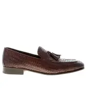 MIGLIORE men shoes Made in Italy loafer basket weave leather dark brown tassels