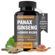 NooMost Authentic Korean Red Panax Ginseng + Ginkgo Biloba 120 Vegan Capsules...