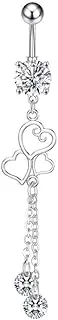 [Niaspi] 14G Heart Tassel Dangle Belly Button Rings for Women Hypoallergenic Stainless Steel Round CZ Dangling Belly Ring 3/8 Inch Navel Curved Barbell Body Piercing Jewelry, 14g, Stainless Steel, no