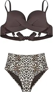 FP DE Power Flower Damen Tummy Control Hochtailliertes Bikini Set Push-Up Badeanzug Leopard Print Höschen Zwei Teile Badebekleidung