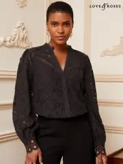 Love & Roses Black Lace Mix Button Through Long Sleeve Blouse (AN8485) | $38