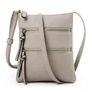 Leather Crossbody Purse for Women- 2 Zippers Small Crossover Long Over the Shoulder Sling Womens Purses and Handbags- Light Grey