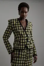 Wool Blend Check Tailored Asymmetric Jacket