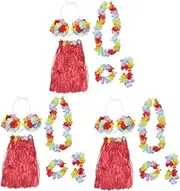 [LIFKOME] 3pcs Elastic Waistband Grass Skirt Jewelry Set Red Hawaii Costumes Flower Bracelets Headband Necklace
