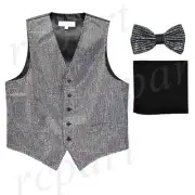 New formal Men Sequins Silver Tuxedo vest Waistcoat_bowtie & black hankie party