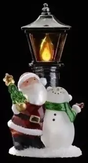 Roman Christmas Santa and Snowman by Lamp Post 7in Flickering Night Light