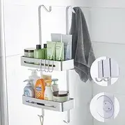 Over the Door Shower Caddy, Hanging Shower Shelves Rust Proof Aluminum Bathroom Tub Storage Rack with Hooks and Baskets for Shampoo Conditioner Towel