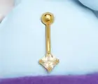 Solid 14k Gold Square CZ CZ Curved Barbell Belly Button Navel Ring Dangle