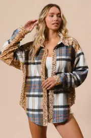 BiBi Curved Hem Sequin Plaid Button Up Shacket for Women