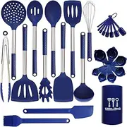 Silicone Kitchen Utensils Set - 28 Pieces Cooking Utensils Set Non-Stick Heat Resistance Silicon with Stainless Steel Handle - Royal Blue